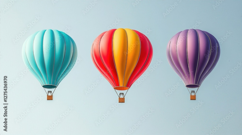 Three colorful hot air balloons flying against a grey background with a clear sky Three colorful hot air balloons flying against a grey background with a clear sky
