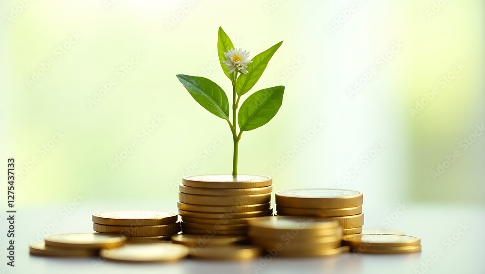 Pile of coins with a growing plant on top symbolizing financial growth isolated on transparent background Pile of coins with a growing plant on top symbolizing financial growth isolated on transparent background