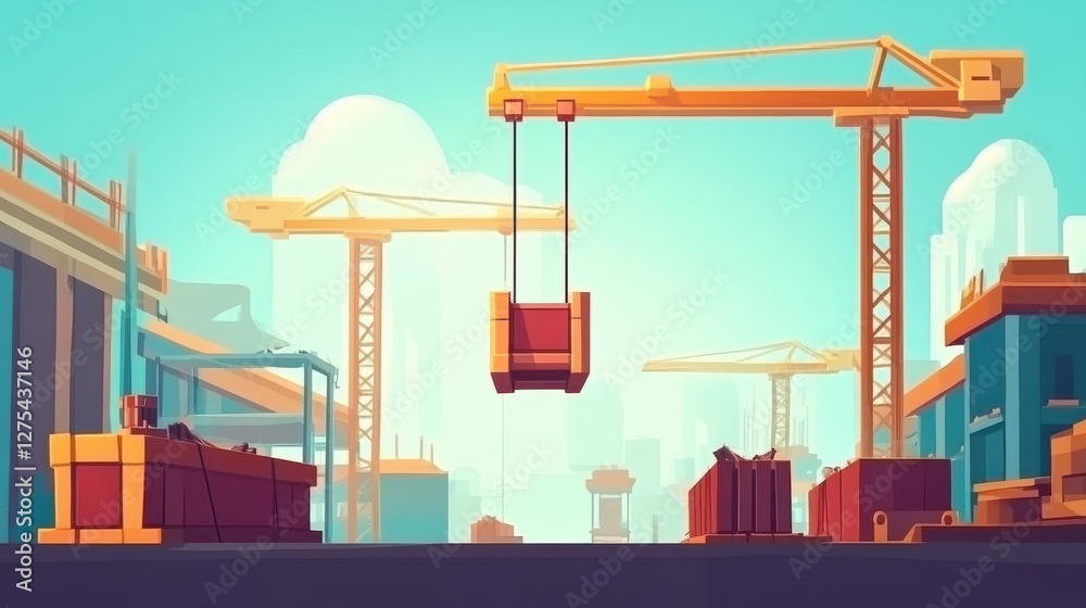 Modern Construction Site with Cranes and Colorful Background