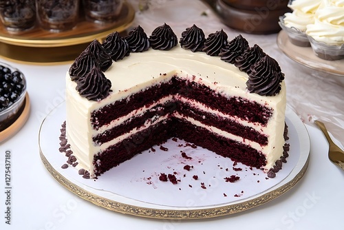 Sliced red velvet cake on a platter, dessert display photo