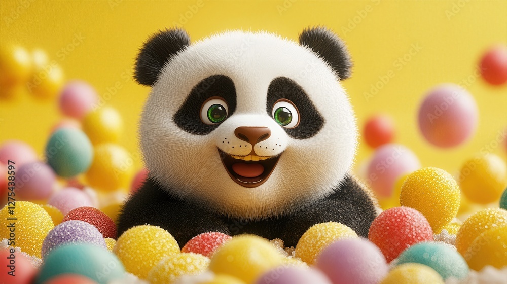 Fototapeta premium Panda bear surrounded by colorful candy eggs in a playful and vibrant scene