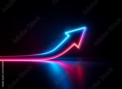 Bright neon arrow glows with blue and pink hues, pointing upwards and to the right against a dark backdrop. A sleek reflection mirrors the vibrant light on a smooth surface.