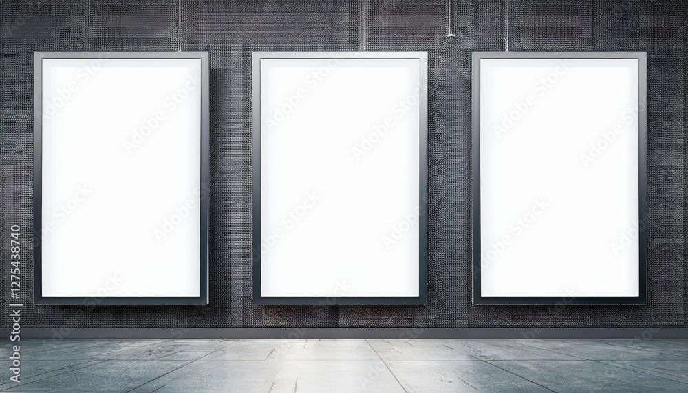 Fototapeta premium Three Vertical Artistic Frames Gracefully Hanging on a Minimalist White Wall, Adding a Touch of Elegance and Sophistication to the Space with Their Geometric Silhouettes and Muted Colors.