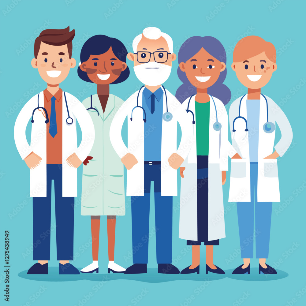 Multiethnic doctor team group with leader isolated vector illustration. Set of smiling doctors, nurses, paramedics. Different male and female medic workers in uniform with stethoscopes. Multiethnic doctor team group with leader isolated vector illustration. Set of smiling doctors, nurses, paramedics. Different male and female medic workers in uniform with stethoscopes.