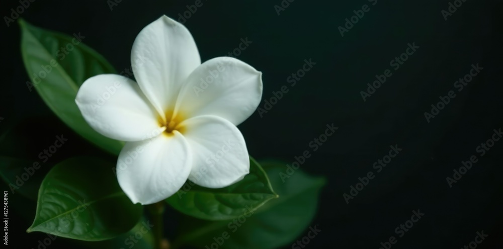 Fototapeta premium A single white gardenia flower on a dark background with large leaves, garden, single bloom