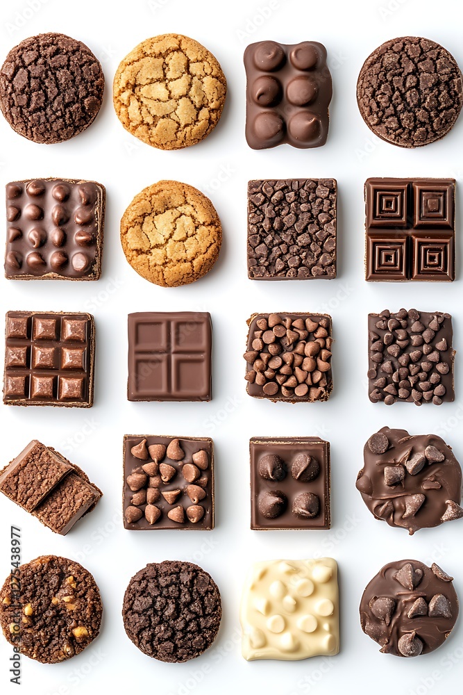 Assorted chocolate cookies and candies on white background Assorted chocolate cookies and candies on white background