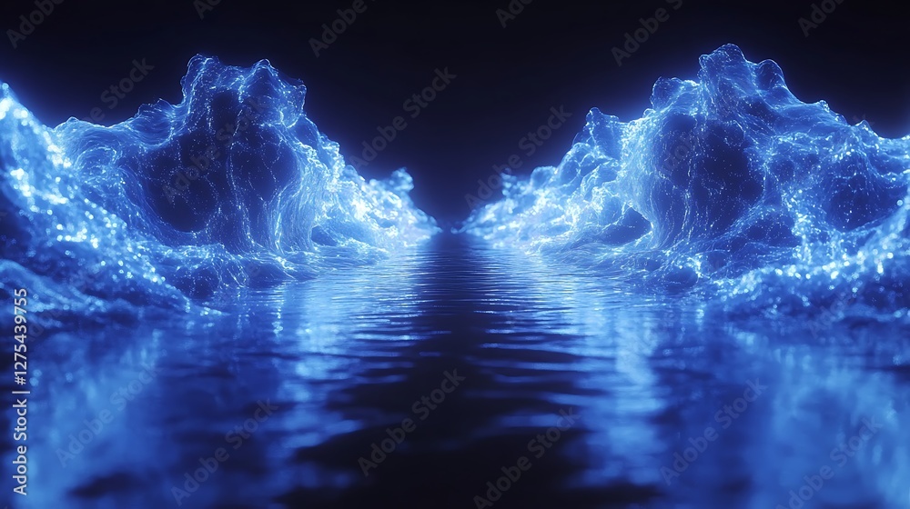 Naklejka premium Glowing blue water path, dark background