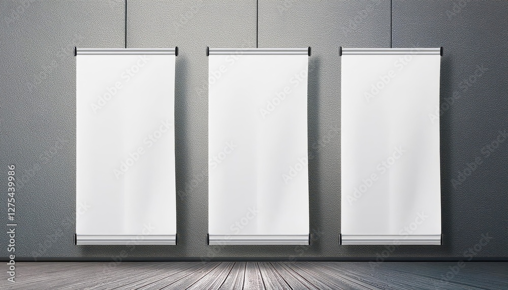 Three Vertical Rollup Posters Mockup 3D Rendering of Posters Elevating Modern Wall Art, Creating a Striking Textural Contrast against Minimalistic Backdrop at Dusk
