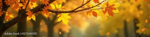 Colorful yellow leaf falls from bare tree branch, autumn leaves, trees