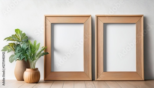 Vibrant Vertical Wooden Frame Mockup Showcasing 3D Illustrated Plants and Modern Artistry Against a Minimalist White Backdrop, Evoking a Fresh and Invigorating Atmosphere