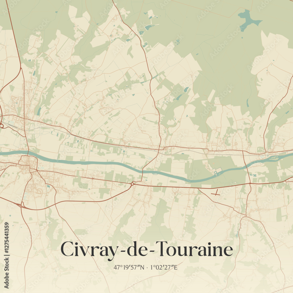 Fototapeta premium Vintage map of Civray-de-Touraine, France.