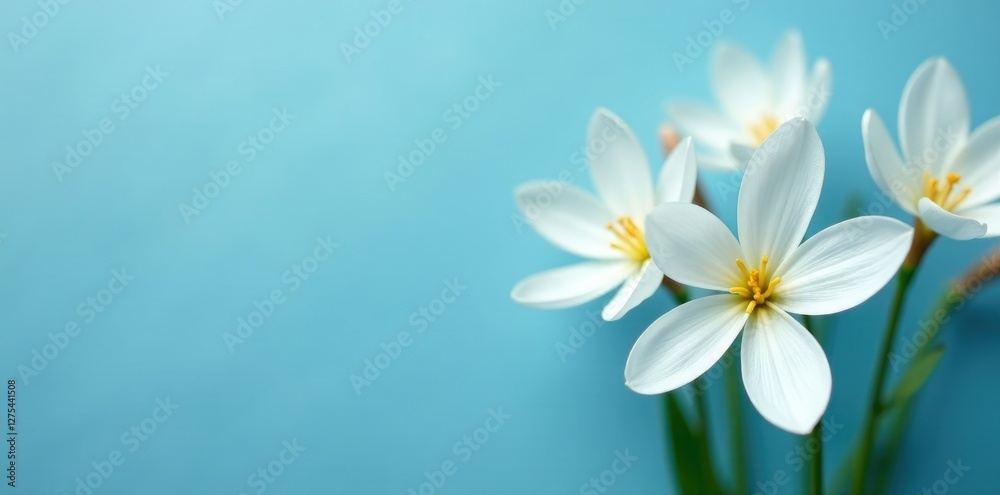 Delicate white buds of Zephyranthes candida on Arctic blue background, flora, white flowers Delicate white buds of Zephyranthes candida on Arctic blue background, flora, white flowers