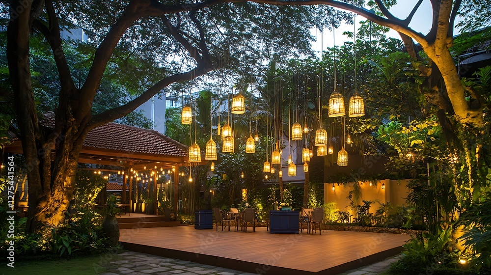 Obraz premium Illuminated Outdoor Patio with Hanging Lanterns and Lush Greenery