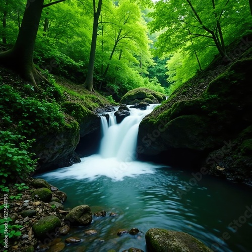 Dense foliage surrounds a serene waterfall cascading into a rocky stream, landscape, cascade