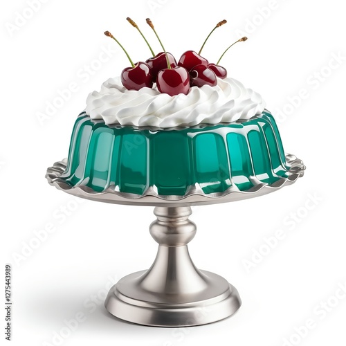 Green Jelly Mold with Whipped Cream and Cherries on Silver Cake Stand