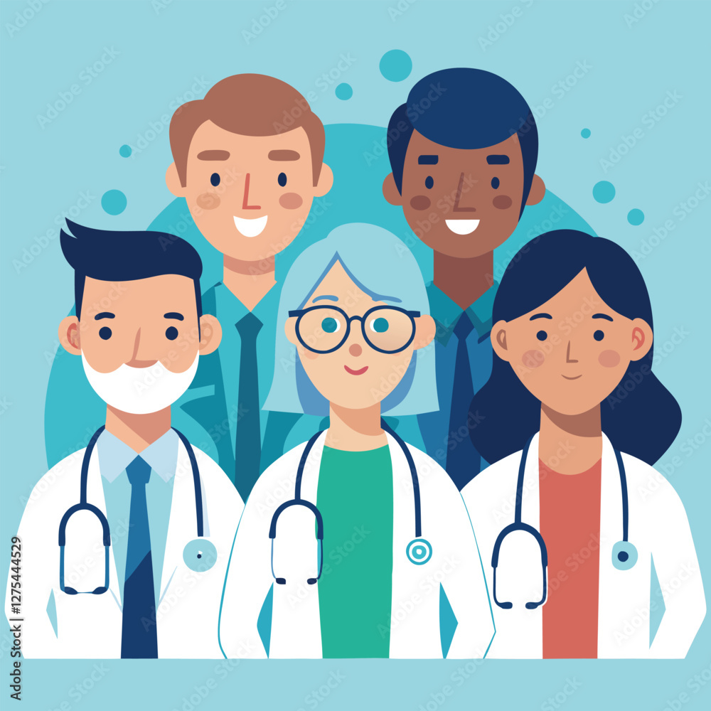 Multiethnic doctor team group with leader isolated vector illustration. Set of smiling doctors, nurses, paramedics. Different male and female medic workers in uniform with stethoscopes. Multiethnic doctor team group with leader isolated vector illustration. Set of smiling doctors, nurses, paramedics. Different male and female medic workers in uniform with stethoscopes.