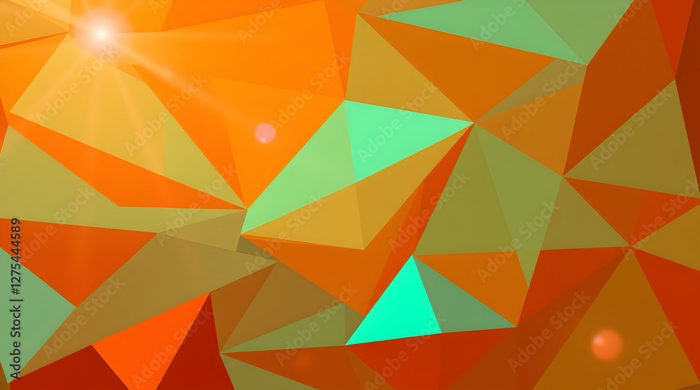 Abstract geometric pattern with triangles in warm orange and cool teal tones, with subtle lens flares, creating a vibrant and dynamic background.