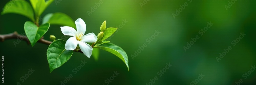 Fototapeta premium Green branch adorned with a solitary white jasmine, leaves, blossom, flower