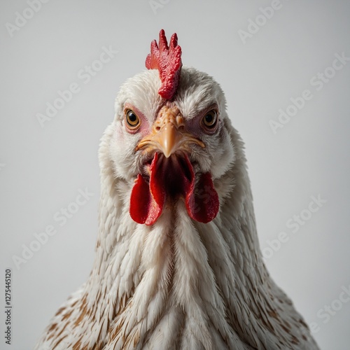 A chicken looking confused with its head tilted on a white backdrop.