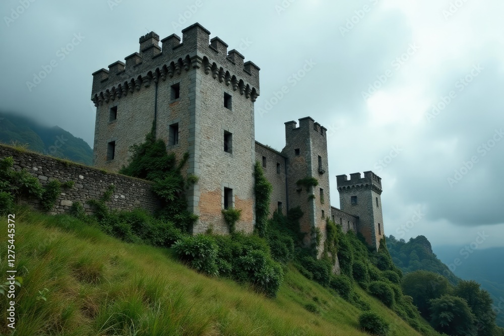Grey clouds shroud the crumbling castle walls, vines, weathered Grey clouds shroud the crumbling castle walls, vines, weathered