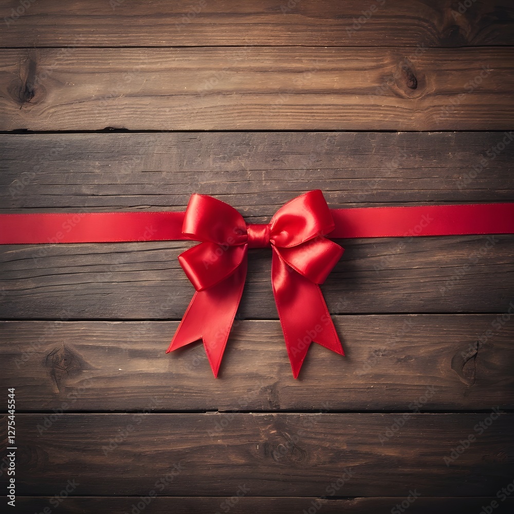 Red Ribbon Bow on Rustic Wooden Background Red Ribbon Bow on Rustic Wooden Background