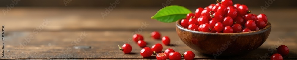 A bowl of freshly picked red goji berries on a wooden table top, table top, organic