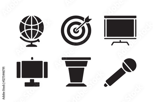 technology symbol,  globe, target, computer monitor, microphone, flowerpot, office supplies, business concept, vector graphics, clean design, flat icons, 