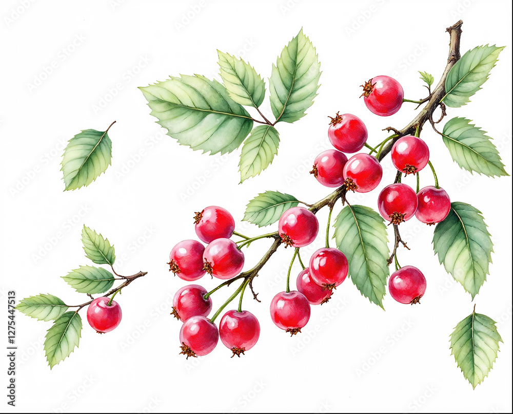 The illustration of red berries brunch in colored pencil drawing style on white background The illustration of red berries brunch in colored pencil drawing style on white background