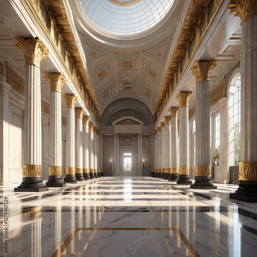 Grand Hallway with Marble Floor and Golden Columns