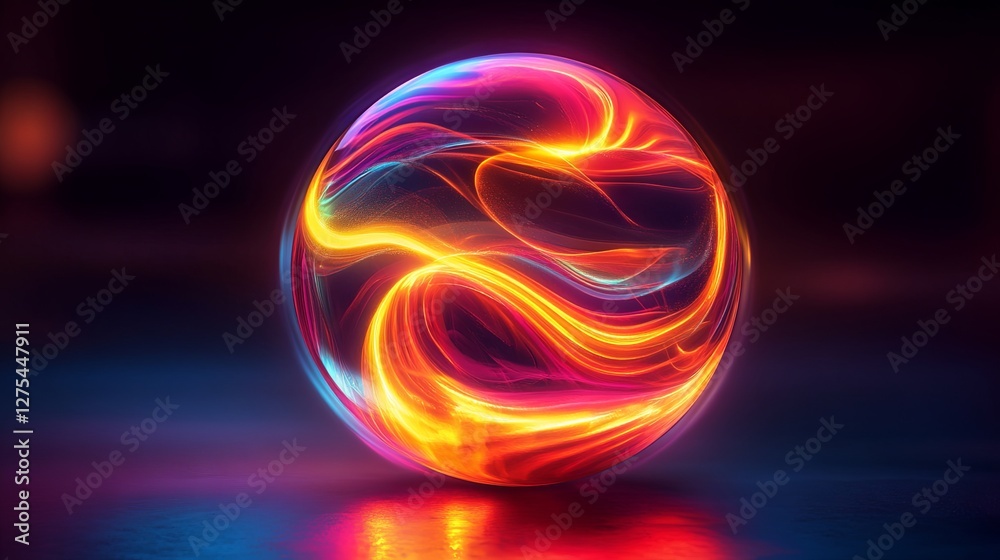 Fototapeta premium Glowing Futuristic Energy Orb with Neon Waves in Dark Space