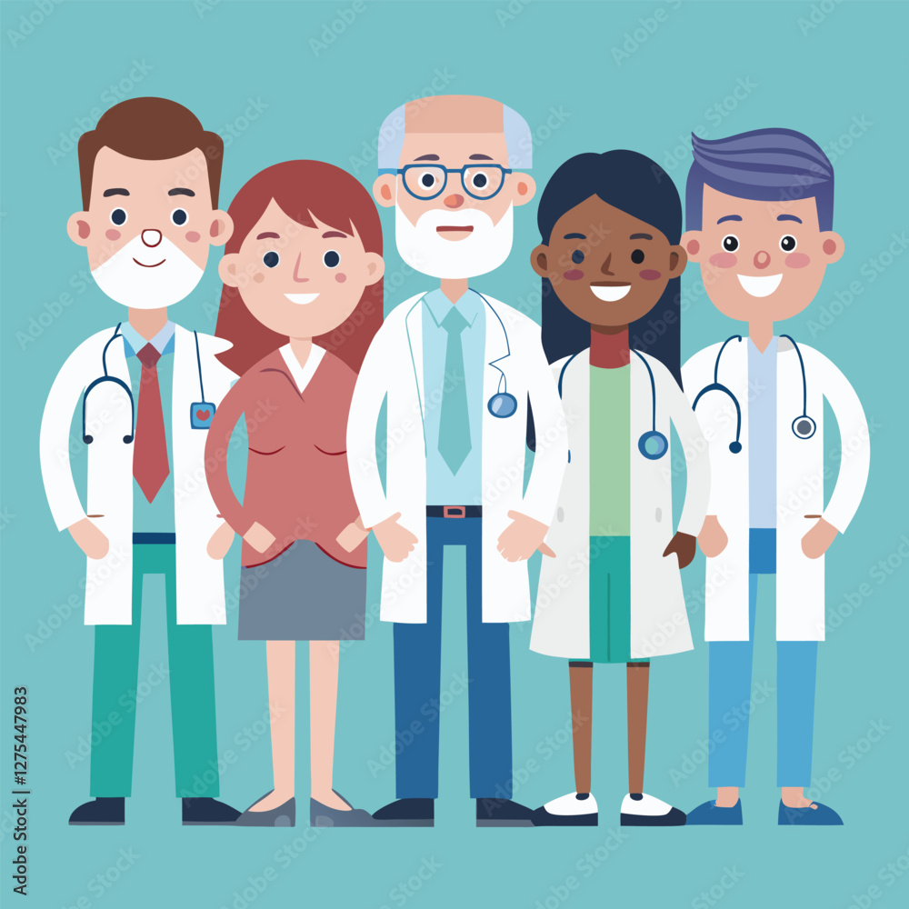 Multiethnic doctor team group with leader isolated vector illustration. Set of smiling doctors, nurses, paramedics. Different male and female medic workers in uniform with stethoscopes.