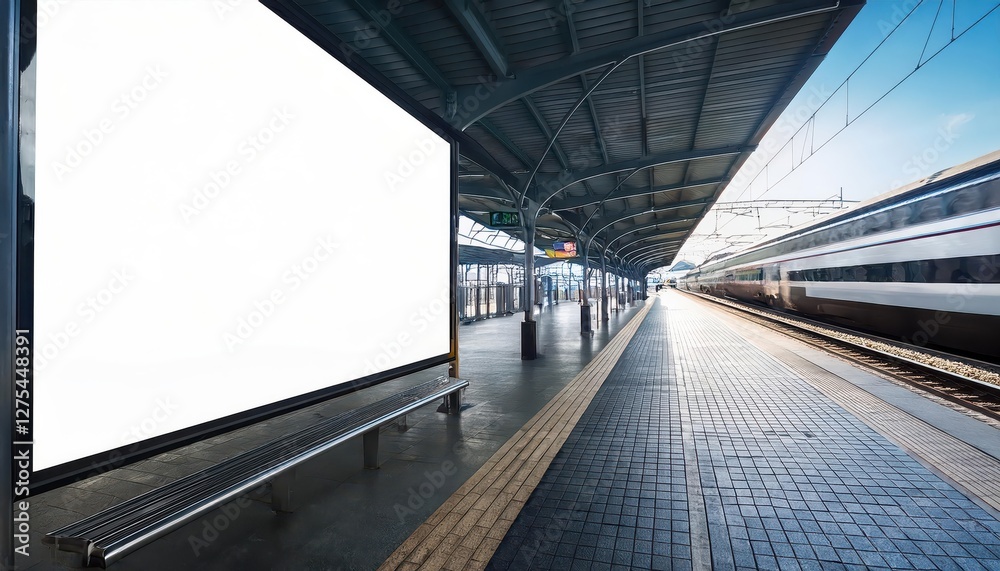 Train Station with Empty White Poster Desolate Echoes of a Forgotten Announcement Board Amidst a Wintery Scene, Capturing the Solitude and Serenity of an Abandoned Railway Terminal. Train Station with Empty White Poster Desolate Echoes of a Forgotten Announcement Board Amidst a Wintery Scene, Capturing the Solitude and Serenity of an Abandoned Railway Terminal.