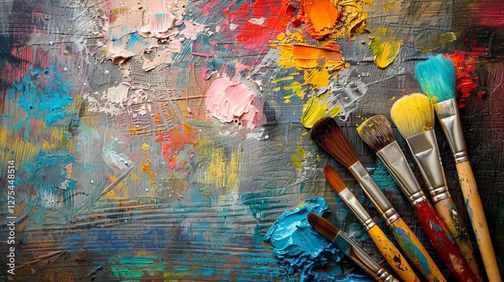 Fototapeta premium Close up of artist paintbrushes on canvas, essential tools for creative painting projects