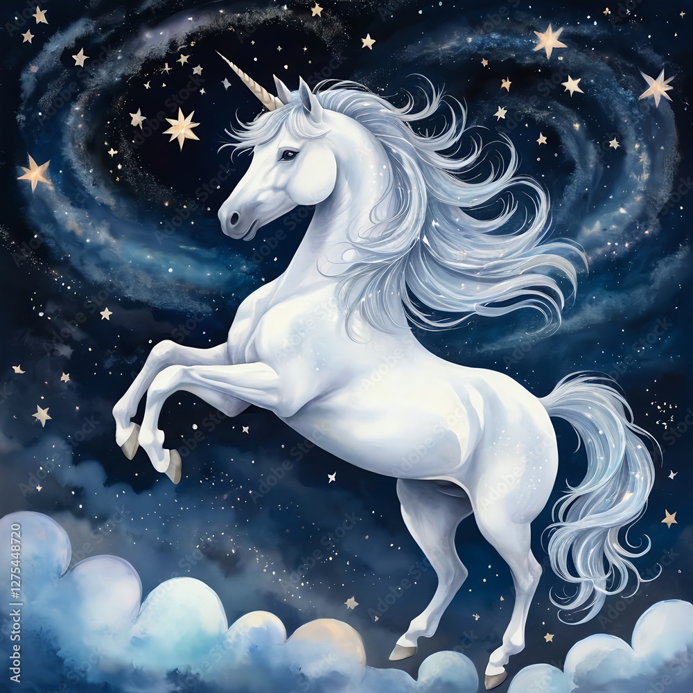 Naklejka premium Magical Unicorn in Starry Night
