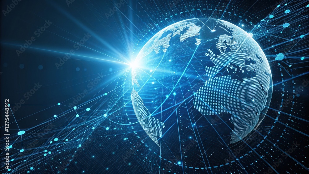 A glowing, digital representation of Earth, surrounded by luminous data lines, symbolizing technology, connectivity, and global communication. A glowing, digital representation of Earth, surrounded by luminous data lines, symbolizing technology, connectivity, and global communication.