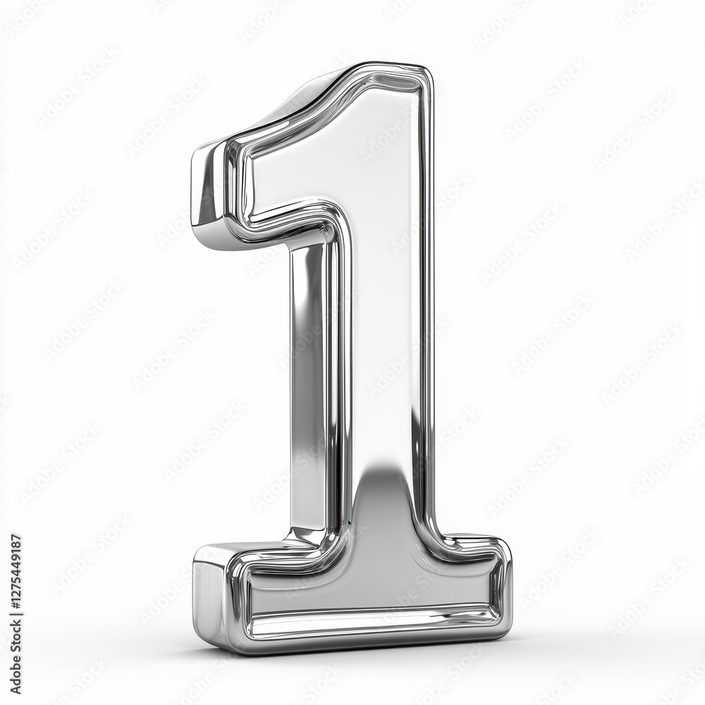 Number 1 made of polished silver metal with reflective highlights isolated on a clean white background Number 1 made of polished silver metal with reflective highlights isolated on a clean white background