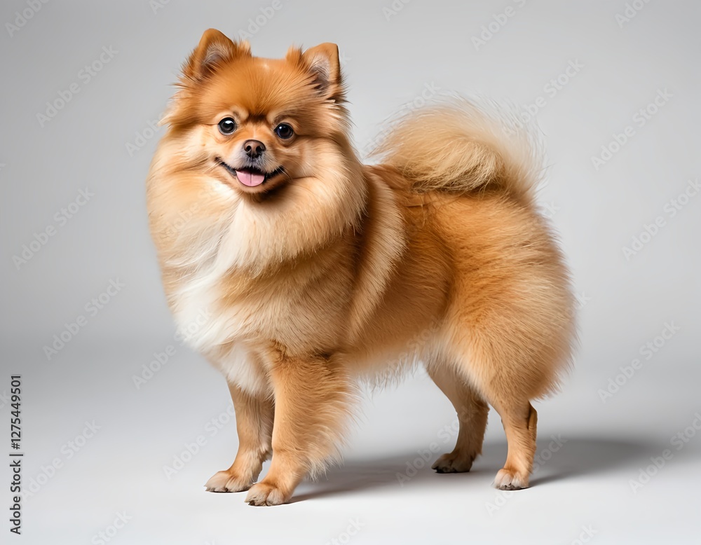 Obraz premium Adorable Pomeranian Dog Posing Against a Grey Background