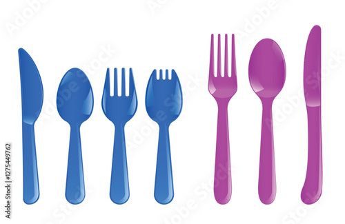 Set Illustration of Realistic Colorful Plastic Cutlery for Kids isolated on white