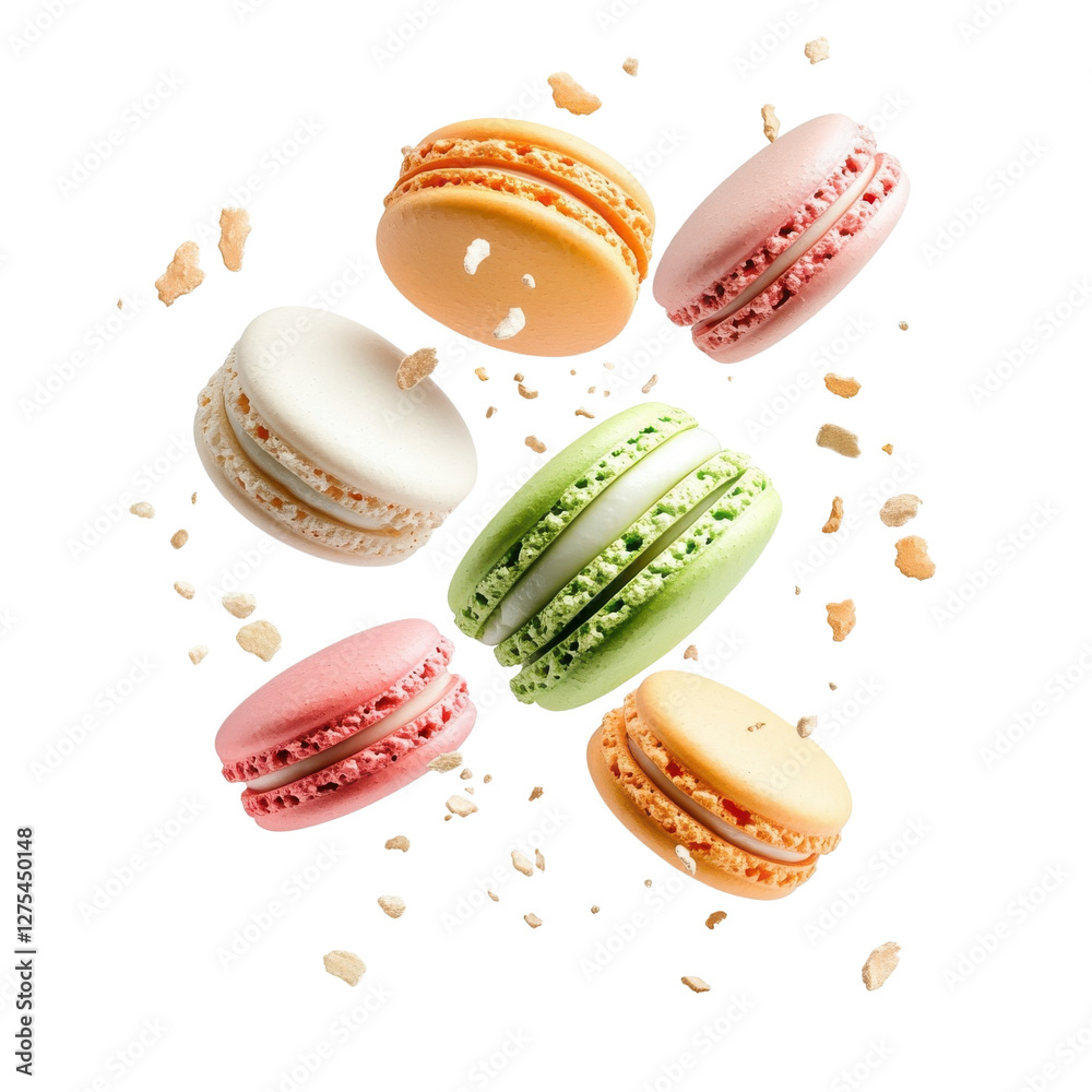 Fototapeta premium Macaron flying mid-air, isolate on white background. png.