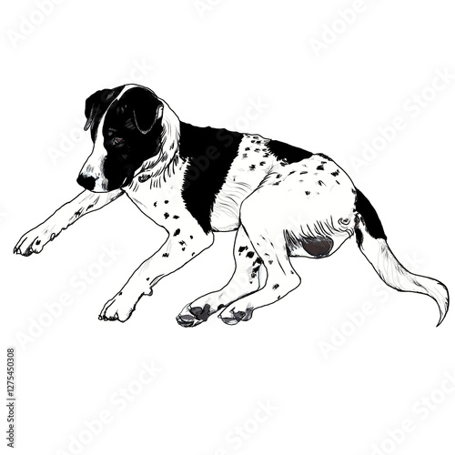Hand-Drawn outlines of a puppy  Black and white 
 dog  in various  a resting pose, render in a doodle-style line art ,