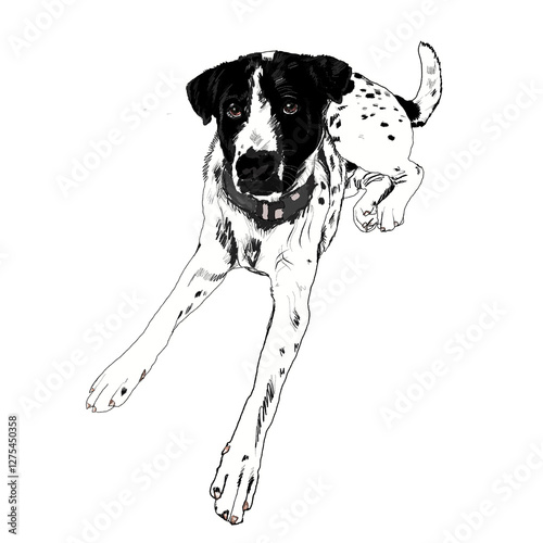 Hand-Drawn outlines of a puppy  Black and white 
 dog  in various  a resting pose, render in a doodle-style line art 
