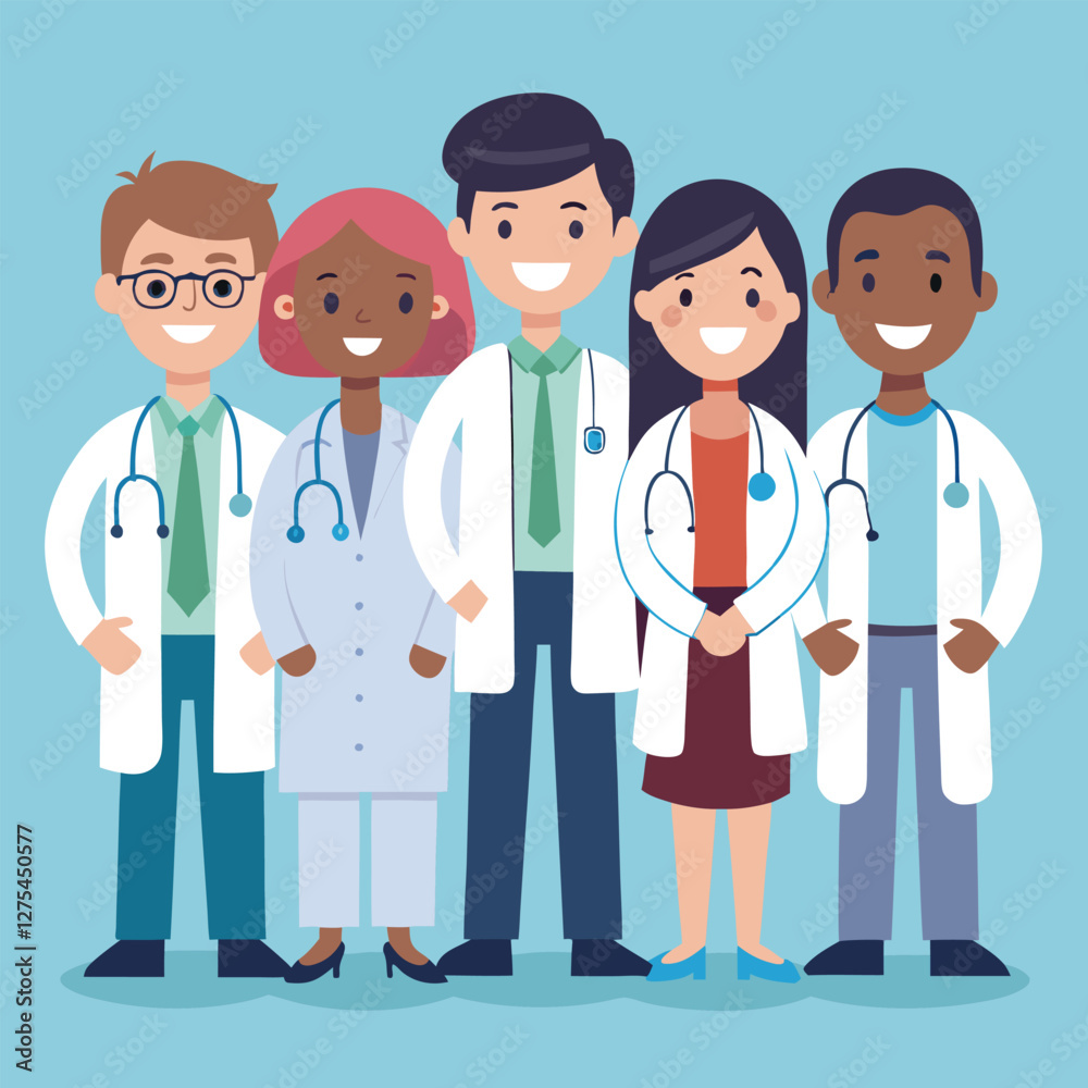 Multiethnic doctor team group with leader isolated vector illustration. Set of smiling doctors, nurses, paramedics. Different male and female medic workers in uniform with stethoscopes. Multiethnic doctor team group with leader isolated vector illustration. Set of smiling doctors, nurses, paramedics. Different male and female medic workers in uniform with stethoscopes.