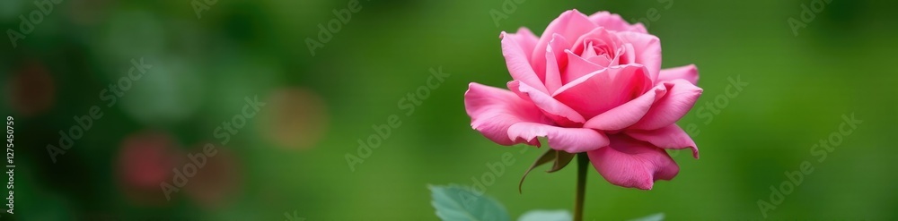 Single pink rose of sharon flower on a green stem, garden, flower detail, stem Single pink rose of sharon flower on a green stem, garden, flower detail, stem