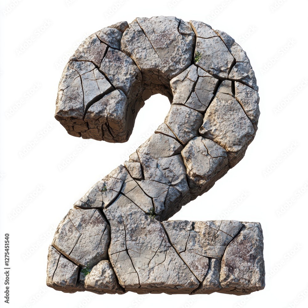 Number 2 made of rough cracked stone with realistic texture isolated on a clean white background Number 2 made of rough cracked stone with realistic texture isolated on a clean white background