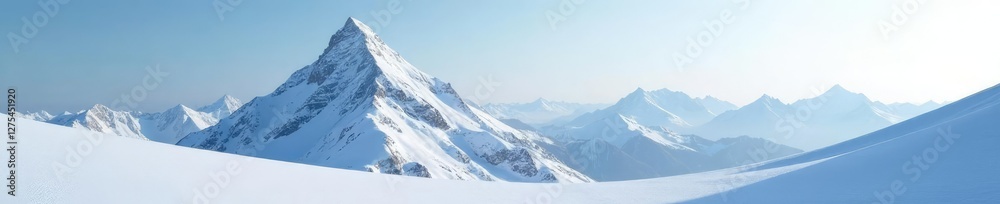 Obraz premium Snowy mountain peak covered in soft white snow with gentle snowfall, frosty, gentle snowfall, serene landscape
