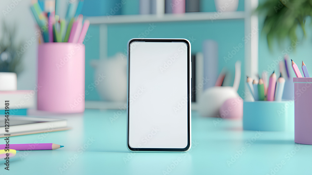 A blank white mobile screen placed on a table, accompanied by a pot filled with pencils. The setting is in a well-lit room, ideal for design mockups, app presentations, or creative workspaces A blank white mobile screen placed on a table, accompanied by a pot filled with pencils. The setting is in a well-lit room, ideal for design mockups, app presentations, or creative workspaces
