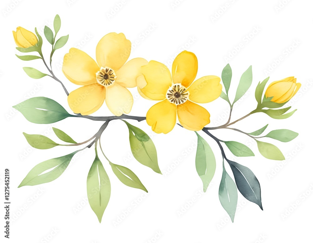 Watercolor Yellow Flowers and Greenery Branch Watercolor Yellow Flowers and Greenery Branch