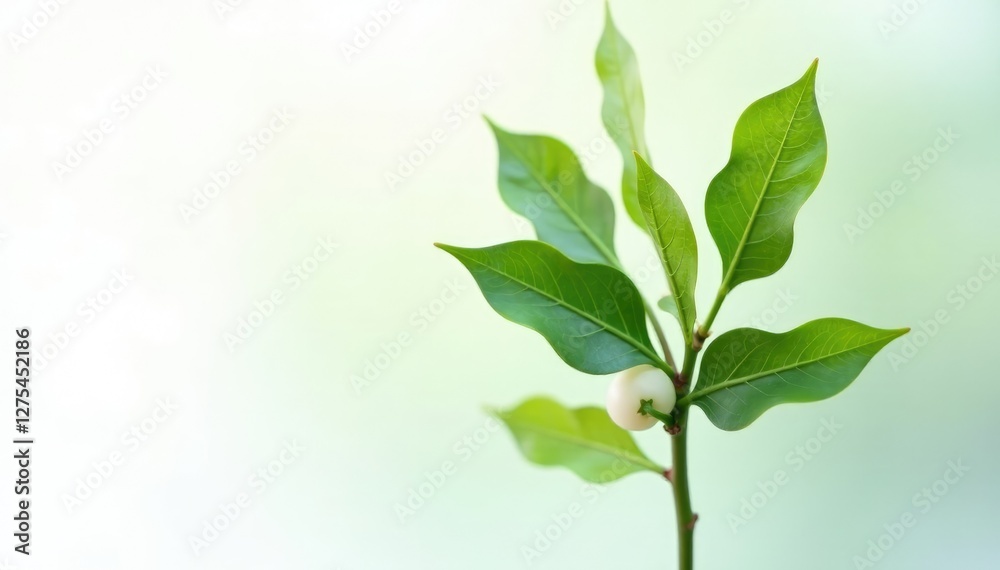 Soft green mistletoe foliage wrapped around a delicate white stem, bow, white background, evergreen Soft green mistletoe foliage wrapped around a delicate white stem, bow, white background, evergreen