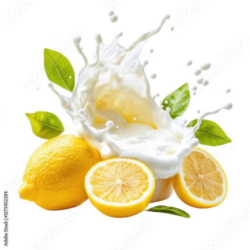 Circular creamy milk or yoghurt splash with lemon and leaves, isolate on white background. png. photo