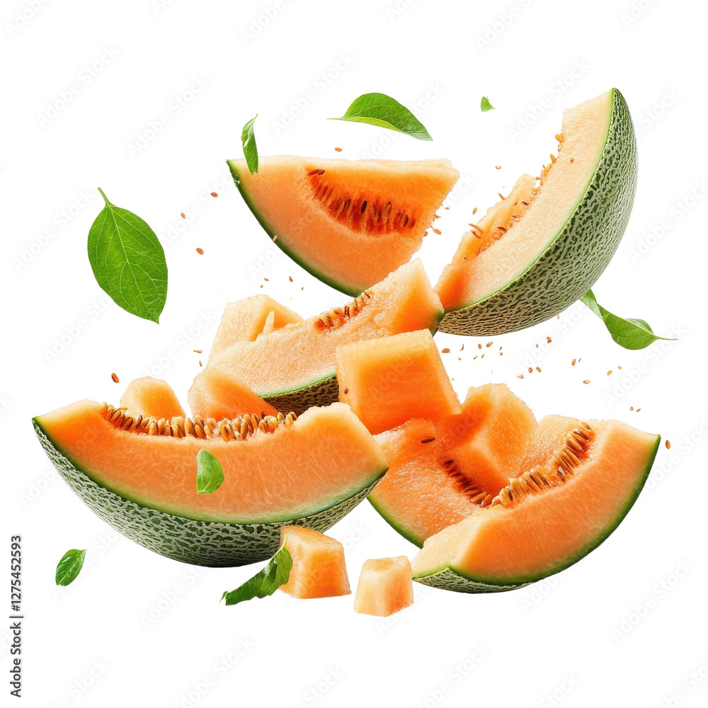Cantaloupe slices and leaves flying mid-air, isolate on white background. png. Cantaloupe slices and leaves flying mid-air, isolate on white background. png.